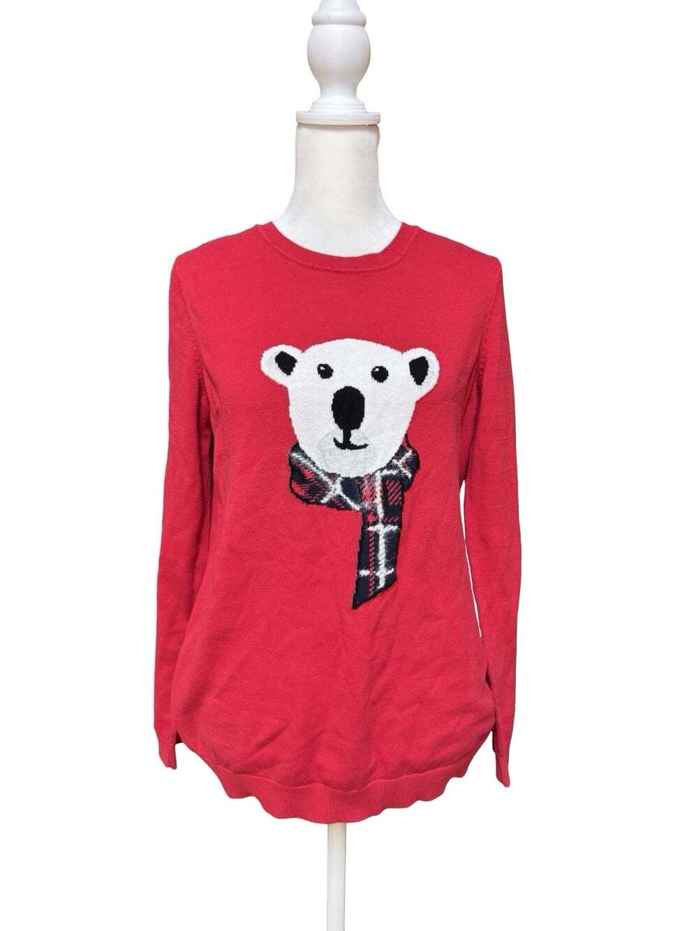 Tommy Hilfiger Women’s Red Polar Bear Sweater Size M Holiday Plaid Scarf